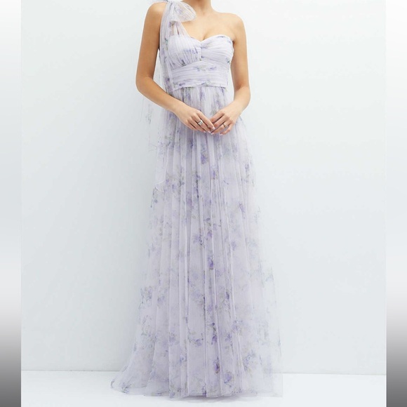 Dessy Collection FLORAL SCARF TIE ONE-SHOULDER TULLE DRESS WITH LONG FULL SKIRT - Picture 1 of 14